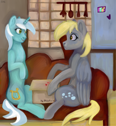 Size: 2656x2876 | Tagged: safe, artist:ske, imported from derpibooru, bon bon, derpy hooves, lyra heartstrings, princess celestia, sweetie drops, pegasus, pony, unicorn, princess molestia, box, couch, duo, implied princess molestia, photo