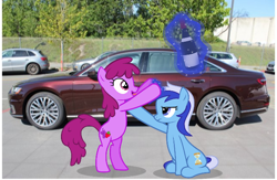 Size: 650x424 | Tagged: safe, artist:s-class-destroyer, artist:tritebristle, imported from derpibooru, berry punch, berryshine, minuette, earth pony, pony, unicorn, audi, audi a8, car, drinking, driving, magic, obligatory pony, telekinesis