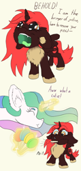 Size: 1584x3333 | Tagged: safe, artist:firefanatic, imported from derpibooru, princess celestia, oc, oc:red alicorn, alicorn, pony, alicorn oc, angry, big ears, candy, chest fluff, dialogue, fluffy, food, horn, lollipop, magic, missing accessory, onomatopoeia, red and black oc, smiling, sound effects, wings