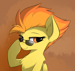 Size: 850x810 | Tagged: safe, artist:d.w.h.cn, imported from derpibooru, spitfire, pegasus, pony, bust, chest fluff, ear fluff, female, looking at you, mare, smiling, smirk, solo, sunglasses