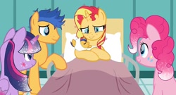 Size: 1280x691 | Tagged: safe, artist:sunsetsentry, imported from derpibooru, flash sentry, pinkie pie, sunset shimmer, twilight sparkle, alicorn, pony, baby, baby pony, base used, bed, female, flashimmer, hospital bed, male, offspring, parent:flash sentry, parent:sunset shimmer, parents:flashimmer, shipping, straight, twilight sparkle (alicorn)