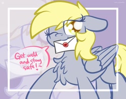 Size: 1920x1513 | Tagged: dead source, safe, artist:kimjoman, artist:php142, imported from derpibooru, derpy hooves, pegasus, pony, coronavirus, covid-19, dialogue, eye clipping through hair, female, letter, looking at you, mare, mouth hold, one eye closed, smiling, wink, zoom layer