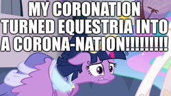 Size: 1280x720 | Tagged: safe, edit, edited screencap, imported from derpibooru, screencap, princess celestia, twilight sparkle, alicorn, pony, the last problem, caption, clothes, coronation, coronation dress, coronavirus, covid-19, crown, dress, excessive exclamation marks, image macro, jewelry, pun, regalia, scared, series finale, text, twilight sparkle (alicorn), upset