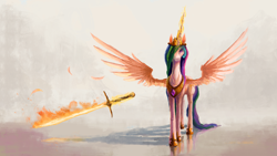 Size: 1920x1080 | Tagged: safe, artist:plainoasis, imported from derpibooru, princess celestia, alicorn, pony, armor, clothes, crown, feather, female, fire, flaming sword, gem, hair over one eye, jewelry, looking at you, magic, mare, multicolored hair, multicolored mane, multicolored tail, regalia, shadow, shoes, smiling, smiling at you, solo, spread wings, sword, tail, telekinesis, warrior, warrior celestia, weapon, wings