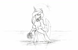 Size: 1280x835 | Tagged: safe, artist:skrapbox, imported from derpibooru, princess luna, alicorn, anthro, clothes, dress, female, monochrome, solo, water