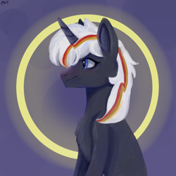 Size: 1624x1624 | Tagged: safe, artist:ske, imported from derpibooru, oc, oc only, oc:velvet remedy, pony, unicorn, fallout equestria, abstract background, fanfic, fanfic art, female, horn, mare, profile, sitting, solo