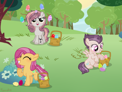 Size: 1944x1476 | Tagged: safe, artist:pancakeartyt, imported from derpibooru, oc, oc only, oc:apple flower, oc:stormy night, oc:sweet beats, earth pony, pegasus, pony, unicorn, base used, basket, easter basket, female, filly, offspring, parent:apple bloom, parent:button mash, parent:rumble, parent:scootaloo, parent:sweetie belle, parent:tender taps, parents:rumbloo, parents:sweetiemash, parents:tenderbloom