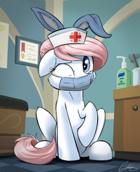 Size: 2442x3002 | Tagged: safe, artist:oinktweetstudios, imported from derpibooru, nurse redheart, earth pony, pony, coronavirus, covid-19, easter, face mask, fake ears, female, hand sanitizer, holiday, mask, one eye closed, ppe, solo, surgical mask