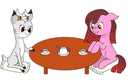 Size: 2892x1810 | Tagged: safe, artist:mannitenerisunt, imported from derpibooru, oc, oc only, oc:cherry bottom, oc:maple (colt quest), deer, earth pony, pony, colt quest, antlers, cloven hooves, colt, cup, cute, fawn, food, jewelry, male, pillow, simple background, sitting, smiling, table, tea, tea set, teacup, teapot, transparent background