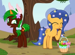 Size: 1280x948 | Tagged: safe, artist:razorbladetheunicron, imported from derpibooru, oc, oc only, oc:lanoga, oc:razor blade, earth pony, pony, unicorn, base used, basket, bow, bunny ears, chocolate bunny, colored horn, confetti, duo, easter, easter basket, easter egg, eating, female, flower, flower in hair, hair bow, headband, holiday, horn, teenager