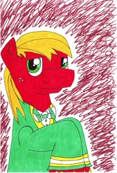 Size: 2215x3279 | Tagged: safe, artist:jarcup, imported from derpibooru, big macintosh, earth pony, pony, abstract background, bowtie, bust, freckles, male, ponytones outfit, solo, stallion, traditional art