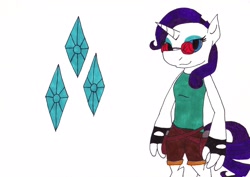 Size: 3286x2323 | Tagged: safe, artist:jarcup, imported from derpibooru, rarity, anthro, unicorn, crossover, cutie mark background, female, lara croft, simple background, smiling, solo, sunglasses, tomb raider, traditional art, white background