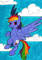 Size: 2252x3194 | Tagged: safe, artist:jarcup, imported from derpibooru, rainbow dash, pegasus, pony, cloud, female, flying, frown, mare, solo, traditional art