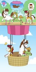 Size: 2000x4000 | Tagged: safe, artist:jackiebloom, imported from derpibooru, pipsqueak, oc, oc:cameo cultivar, oc:maria ann smith, earth pony, pony, colt, female, filly, food, honey, hot air balloon, male, offspring, older, parent:apple bloom, parent:pipsqueak, parents:pipbloom