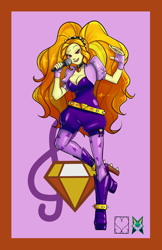 Size: 828x1280 | Tagged: safe, alternate version, artist:srasomeone, imported from derpibooru, part of a set, adagio dazzle, human, equestria girls, belt, bolero jacket, boots, breasts, busty adagio dazzle, cleavage, clothes, cutie mark background, female, fingerless gloves, gem, gloves, gold, headband, high heel boots, latex, leggings, microphone, pink background, raised leg, romper, shiny, shoes, simple background, singing, siren gem, solo, spiked belt, spiked headband