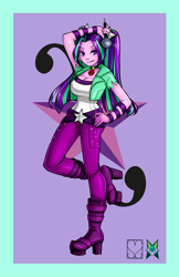 Size: 828x1280 | Tagged: safe, alternate version, artist:srasomeone, imported from derpibooru, part of a set, aria blaze, equestria girls, belt, boots, breasts, busty aria blaze, cleavage, clothes, commission, cutie mark background, female, gem, hand on hip, high heel boots, jacket, latex, lavender background, looking at you, microphone, pants, platform heels, pose, raised leg, shiny, shoes, simple background, siren gem, smiling, solo, top, wristband