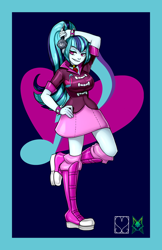 Size: 828x1280 | Tagged: safe, alternate version, artist:srasomeone, imported from derpibooru, part of a set, sonata dusk, equestria girls, boots, breasts, busty sonata dusk, clothes, cutie mark background, female, gem, hand on hip, jacket, latex, looking at you, microphone, navy blue background, platform shoes, pose, raised leg, shiny, shoes, simple background, siren gem, skirt, smiling, smirk, solo, spiked wristband, wristband