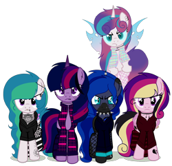 Size: 1782x1721 | Tagged: safe, artist:celestial-rue0w0, artist:elementbases, artist:rukemon, imported from derpibooru, oc, oc only, oc:angsty emocore, oc:clausa vera, oc:misanthropy melody, oc:myringa, oc:soprano shadow, alicorn, bat pony, bat pony alicorn, changeling, earth pony, pegasus, pony, unicorn, vampire, alicorn oc, band, base used, bat pony oc, bat wings, changeling oc, chinese, choker, clothes, commission, curved horn, fangs, female, fishnets, flannel, flying, heart, hoodie, horn, horn ring, jewelry, lip piercing, look-alike, markings, messy mane, multicolored hair, necklace, nose piercing, nose ring, not cadance, not celestia, not flurry heart, not luna, not twilight sparkle, piercing, raised hoof, raised leg, siblings, simple background, sisters, socks, spiked choker, striped socks, tattoo, transparent background, unamused, wall of tags, wing piercing, wings, wristband