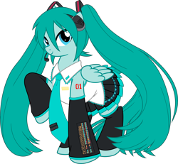 Size: 6498x6000 | Tagged: dead source, safe, artist:pink1ejack, imported from derpibooru, pegasus, pony, absurd resolution, anime, clothes, crossover, female, hatsune miku, headphones, headset, hilarious in hindsight, hooves up, japanese, mare, miniskirt, necktie, pigtails, pleated skirt, ponified, raised hoof, simple background, skirt, smiling, solo, species swap, transparent background, twintails, vector, vector trace, vocaloid