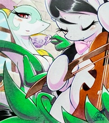 Size: 1818x2048 | Tagged: safe, artist:025aki, imported from derpibooru, octavia melody, earth pony, pony, serperior, bow (instrument), bowtie, cello, crossover, drinking, eyes closed, female, food, mare, musical instrument, playing instrument, pokémon, red eyes, tea, traditional art