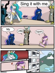 Size: 500x655 | Tagged: safe, imported from derpibooru, discord, princess cadance, princess celestia, princess luna, queen chrysalis, trixie, twilight sparkle, alicorn, changeling, changeling queen, draconequus, angry, boardroom suggestion, defenestration, employer meme, exploitable meme, female, floating heart, heart, meme, mountain, one eye closed, wink