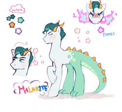 Size: 560x516 | Tagged: safe, artist:kino-ta, imported from derpibooru, oc, oc only, oc:malakite, dracony, hybrid, fire, fire breath, horns, interspecies offspring, male, offspring, parent:rarity, parent:spike, parents:sparity, simple background, solo, stallion, white background