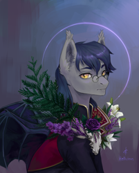 Size: 1528x1896 | Tagged: safe, artist:svelen, imported from derpibooru, oc, oc only, oc:midnight measure, bat pony, pony, bat pony oc, bat wings, bust, cloak, clothes, commission, ear fluff, fancy, fangs, flower, glasses, looking at you, male, male solo, portrait, rose, solo, wings, ych result