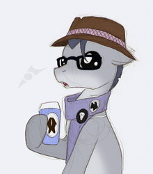 Size: 522x592 | Tagged: safe, artist:ravenpuff, imported from derpibooru, oc, oc only, oc:shark tooth, earth pony, pony, clothes, earth pony oc, glasses, hat, hipster, hoof hold, male, open mouth, scarf, sharp teeth, simple background, stallion, teeth, white background