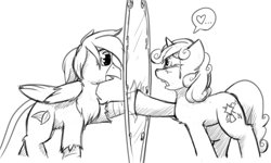 Size: 1280x768 | Tagged: safe, artist:captainhoers, imported from derpibooru, oc, oc:quartz horn, oc:rainbow feather, crystal pony, griffon, hippogriff, unicorn, black and white, cutie mark, female, grayscale, interspecies offspring, lesbian, love confession, magic mirror, magical lesbian spawn, mirror, monochrome, oc x oc, offspring, parent:gilda, parent:rainbow dash, parents:gildash, portal, sad, shipping, trapped