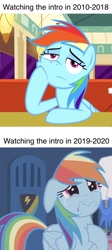 Size: 804x1791 | Tagged: safe, edit, edited screencap, imported from derpibooru, screencap, rainbow dash, pegasus, pony, parental glideance, the saddle row review, bored, crying, end of ponies, female, floppy ears, in-universe pegasister, lip bite, locker room, mare, meme, restaurant, sad, solo