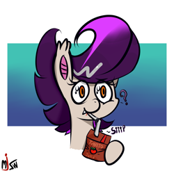 Size: 2567x2528 | Tagged: safe, artist:mjsw, imported from derpibooru, oc, oc only, bat pony, pony, female, juice, juice box, mare, question mark, sipping, solo