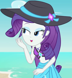 Size: 887x961 | Tagged: safe, imported from derpibooru, screencap, rarity, equestria girls, equestria girls series, forgotten friendship, beach, beach hat, belly button, bikini, bikini top, clothes, cloud, cropped, cute, diamond, female, geode of shielding, hat, jewelry, lidded eyes, magical geodes, midriff, necklace, outdoors, raribetes, rarity's blue sarong, rarity's purple bikini, sand, sarong, sexy, sky, sleeveless, smiling, solo, sun hat, swimsuit