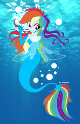 Size: 2335x3607 | Tagged: safe, artist:iamsheila, artist:liaaqila, imported from derpibooru, rainbow dash, mermaid, equestria girls, my little pony: the movie, bubble, digital art, digitalized, female, fin wings, fins, gift art, looking at you, looking back, looking back at you, mermaidized, ocean, real life background, smiling, solo, species swap, underwater, wings