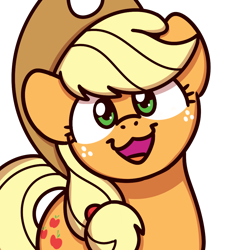 Size: 1000x1000 | Tagged: safe, alternate version, artist:sugar morning, imported from derpibooru, applejack, earth pony, pony, :3, bust, cat face, cat smile, cute, female, freckles, hat, jackabetes, looking at you, mare, missing freckles, open mouth, simple background, smiling, solo, sugar morning's smiling ponies, transparent background