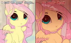 Size: 1300x780 | Tagged: safe, artist:evehly, imported from derpibooru, fluttershy, pegasus, pony, 2 panel comic, :>, angel, butter knife, c:, choker, chokershy, colored wings, colored wingtips, comic, cute, devil, edgy as fuck, evehly is trying to murder us, female, hoof hold, i can be your angle or your devil, intentional spelling error, knife, looking at you, meme, misspelling, ponified meme, rouge angles of satin, shyabetes, smiling, solo, spiked choker, spread wings, text, two toned wings, wing fluff, wings