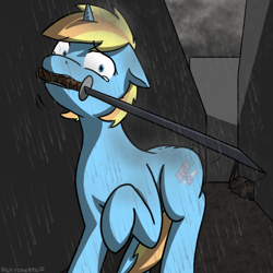 Size: 600x600 | Tagged: safe, artist:skydreams, imported from derpibooru, oc, oc only, oc:skydreams, pony, unicorn, crying, female, impending doom, rain, shocked, sword, vent art, weapon