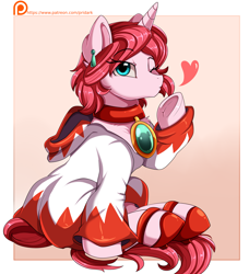 Size: 3069x3365 | Tagged: safe, artist:pridark, imported from derpibooru, oc, oc only, oc:diamond stellar, pony, unicorn, blowing a kiss, chest fluff, choker, clothes, collar, dress, ear piercing, earring, female, final fantasy, heart, high heels, high res, hoodie, jewelry, looking at you, mare, necklace, one eye closed, patreon, patreon logo, patreon reward, pendant, piercing, shoes, sitting, solo, underhoof, white mage, wink