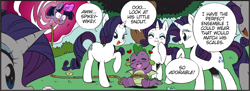 Size: 1954x708 | Tagged: safe, artist:nekoshiei, editor:anonycat, imported from derpibooru, seven seas, rarity, spike, twilight sparkle, dragon, pony, unicorn, my little pony: the manga, my little pony: the manga volume 1, blushing, colored, commonity, cropped, female, heart, lucky bastard, male, mare, multeity, rope, spike gets all the rarities, tied up, winged spike, wings