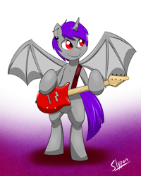 Size: 560x700 | Tagged: safe, artist:slypon, imported from derpibooru, oc, oc only, oc:valik, bat pony, hybrid, pony, unicorn, bat wings, commission, digital art, guitar, horn, male, microphone, musical instrument, solo, stallion, standing, tail, wings