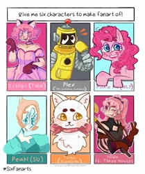 Size: 1005x1200 | Tagged: safe, artist:sunflowermews, imported from derpibooru, pinkie pie, cat, earth pony, human, pony, robot, six fanarts, :d, animal ears, bust, chest fluff, clothes, crossover, dress, female, fire emblem: three houses, hilda, kamichu!, mare, momomiya ichigo, one eye closed, peace sign, pearl (steven universe), plex, smiling, steven universe, tama (kamichu!), tokyo mew mew, wink, yo gabba gabba, yo gabba gabba!