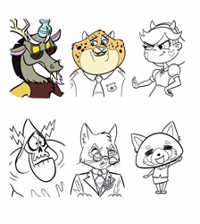 Size: 2500x2796 | Tagged: safe, alternate version, artist:wutthejeff, imported from derpibooru, discord, cat, draconequus, human, six fanarts, aggressive retsuko, aggretsuko, bust, clothes, crossover, female, glasses, lineart, lord hater, male, necktie, not done, partial color, police, sanrio, sketch, smiling, star vs the forces of evil, sunglasses, wander over yonder, waving, wip, zootopia