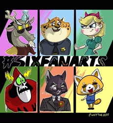 Size: 2500x2714 | Tagged: safe, alternate version, artist:wutthejeff, imported from derpibooru, discord, cat, draconequus, human, six fanarts, aggressive retsuko, aggretsuko, benjamin clawhauser, bust, clothes, colored, crossover, female, glasses, lackadaisy, lord hater, male, mordecai (lackadaisy), mordecai heller, necktie, police, retsuko, sanrio, smiling, star butterfly, star vs the forces of evil, sunglasses, wander over yonder, waving, zootopia