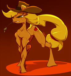 Size: 696x750 | Tagged: safe, artist:slypon, imported from derpibooru, applejack, earth pony, pony, applejacked, cowboy hat, cutie mark, digital art, female, hat, mare, muscles, solo, straw in mouth