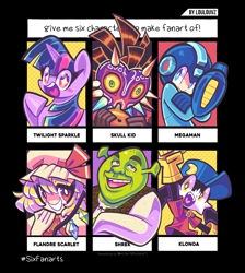 Size: 1746x1950 | Tagged: safe, artist:loulouvz, artist:spaicy, imported from derpibooru, twilight sparkle, alicorn, human, ogre, pony, unicorn, six fanarts, challenge, clothes, crossover, fanart, female, flandre scarlet, klonoa, mare, mega man, mega man (series), megaman, megaman (character), open mouth, raised hoof, shrek, shrek (character), skull kid, smiling, starry eyes, the legend of zelda, the legend of zelda: majora's mask, touhou, twilight sparkle (alicorn), unicorn twilight, wingding eyes