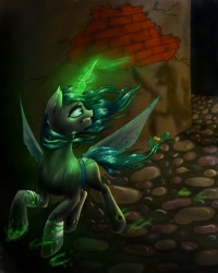 Size: 1024x1280 | Tagged: safe, artist:sizaru, imported from derpibooru, queen chrysalis, changeling, changeling queen, bandage, building, digital art, fangs, female, glowing horn, horn, mare, running, solo, wings