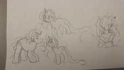 Size: 4128x2322 | Tagged: safe, artist:skulifuck, imported from derpibooru, oc, oc only, pony, unicorn, bust, cross-popping veins, female, filly, heart, horn, lineart, male, mare, smiling, stallion, traditional art, unicorn oc