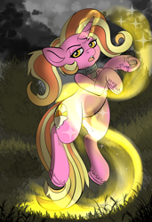 Size: 1920x2813 | Tagged: safe, alternate version, artist:brainiac, imported from derpibooru, luster dawn, pony, unicorn, collar, female, frog (hoof), magic, magic aura, mare, pet tag, solo, underhoof