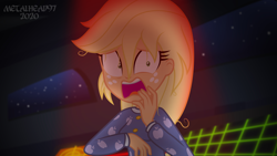 Size: 8000x4500 | Tagged: safe, artist:metalhead97, imported from derpibooru, applejack, comic:applejack gets anal probed, equestria girls, applejack's hat, breasts, clothes, cowboy hat, dark, freckles, hat, nervous, pajamas, scared, scaredy applejack, show accurate, spaceship, this will end in probing