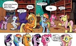 Size: 2351x1440 | Tagged: safe, edit, idw, imported from derpibooru, applejack, fluttershy, pinkie pie, rainbow dash, rarity, twilight sparkle, alicorn, earth pony, pegasus, pony, unicorn, reflections, spoiler:comic, spoiler:comic17, cars (pixar), cars 2, coco (disney movie), disney, exploitable meme, female, inside out, mane 6 interests, mane six, mare, meme, obligatory pony, opinion, pixar, the incredibles, toy story, twilight sparkle (alicorn), up (movie)