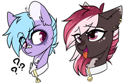 Size: 1621x1070 | Tagged: safe, artist:cloud-fly, imported from derpibooru, oc, oc only, oc:jiko, oc:rossalite, pony, bell, bell collar, blushing, bust, collar, female, male, mare, portrait, simple background, stallion, transparent background